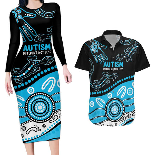 Different Not Less Autism Awareness Australia Personalised Couples Matching Long Sleeve Bodycon Dress and Hawaiian Shirt Aussie Aboriginal Lizards