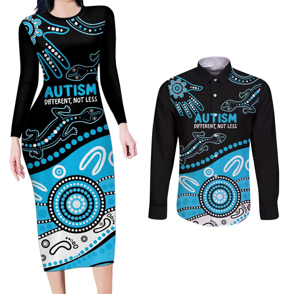 Different Not Less Autism Awareness Australia Personalised Couples Matching Long Sleeve Bodycon Dress and Long Sleeve Button Shirt Aussie Aboriginal Lizards