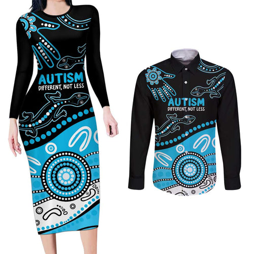 Different Not Less Autism Awareness Australia Personalised Couples Matching Long Sleeve Bodycon Dress and Long Sleeve Button Shirt Aussie Aboriginal Lizards
