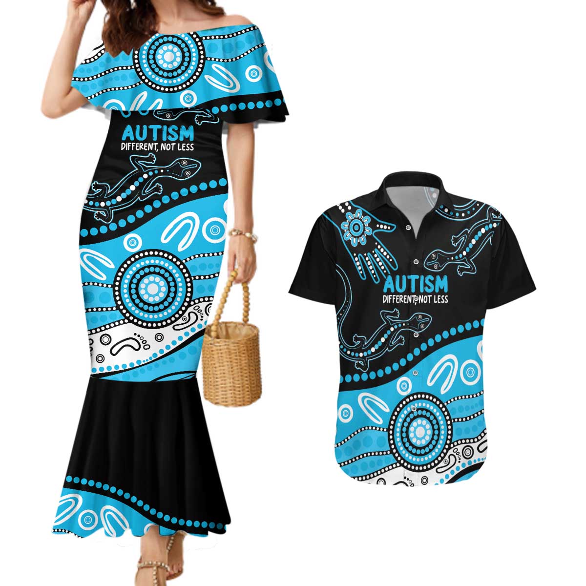 Different Not Less Autism Awareness Australia Personalised Couples Matching Mermaid Dress and Hawaiian Shirt Aussie Aboriginal Lizards