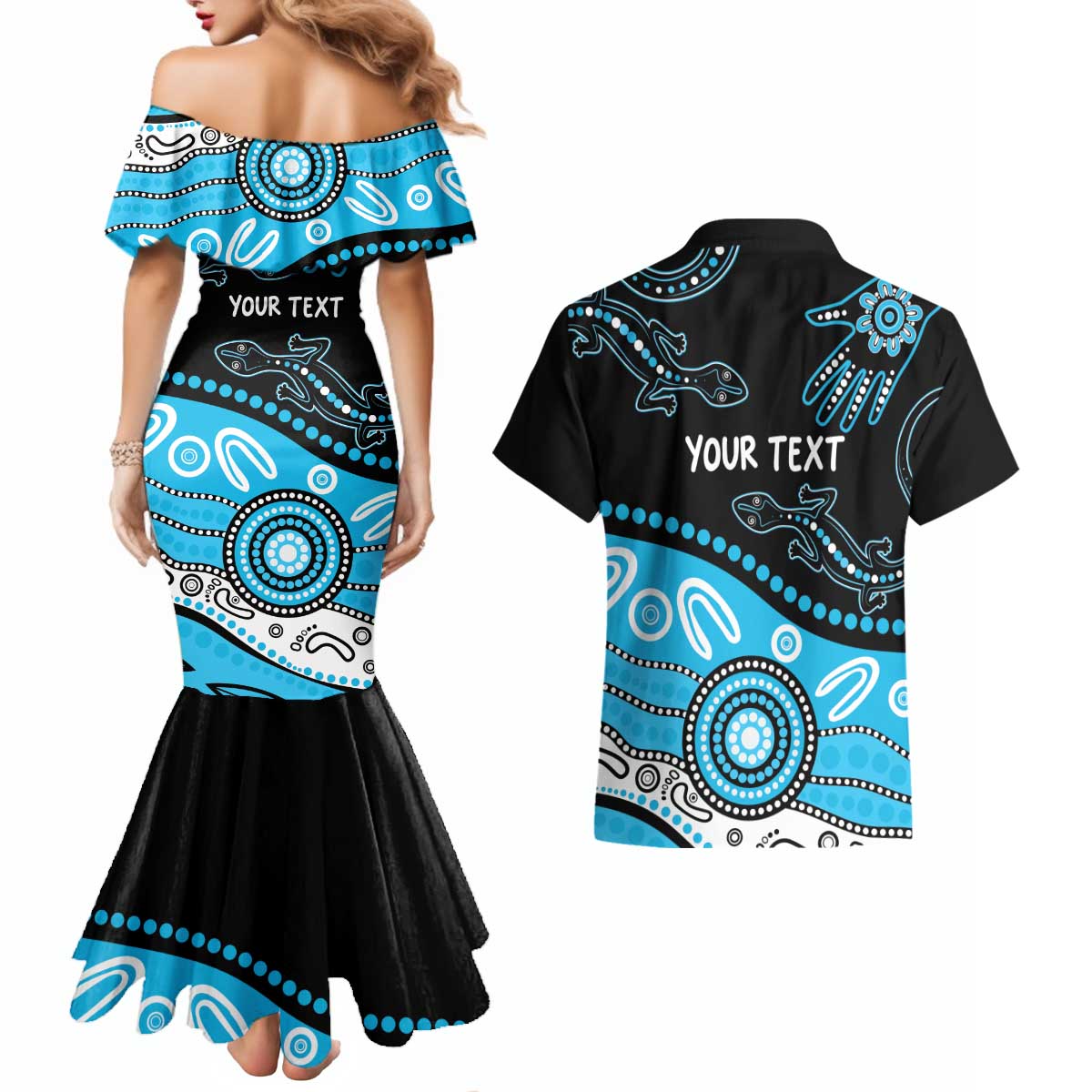 Different Not Less Autism Awareness Australia Personalised Couples Matching Mermaid Dress and Hawaiian Shirt Aussie Aboriginal Lizards