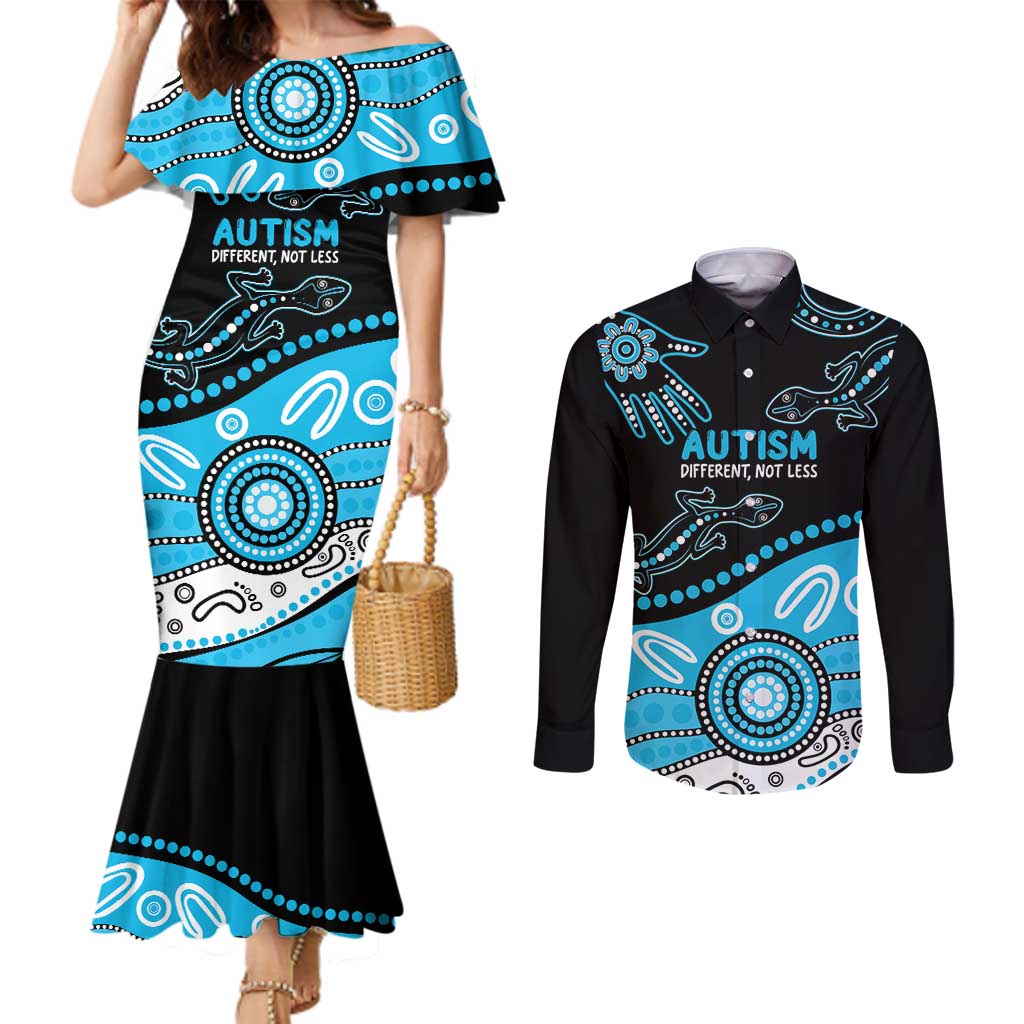 Different Not Less Autism Awareness Australia Personalised Couples Matching Mermaid Dress and Long Sleeve Button Shirt Aussie Aboriginal Lizards