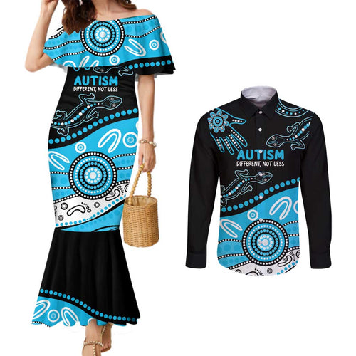 Different Not Less Autism Awareness Australia Personalised Couples Matching Mermaid Dress and Long Sleeve Button Shirt Aussie Aboriginal Lizards