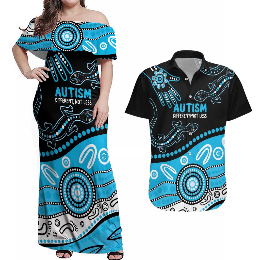 Different Not Less Autism Awareness Australia Personalised Couples Matching Off Shoulder Maxi Dress and Hawaiian Shirt Aussie Aboriginal Lizards