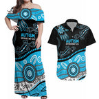 Different Not Less Autism Awareness Australia Personalised Couples Matching Off Shoulder Maxi Dress and Hawaiian Shirt Aussie Aboriginal Lizards