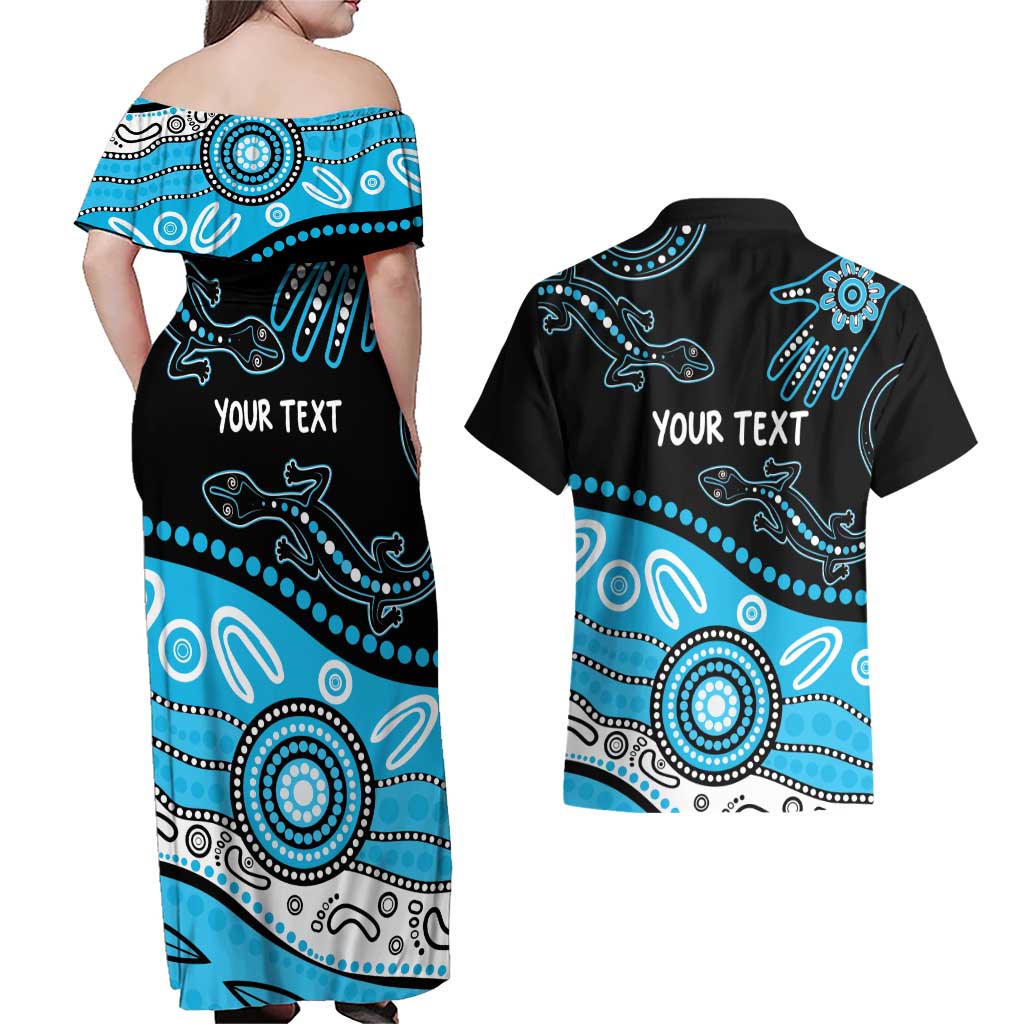 Different Not Less Autism Awareness Australia Personalised Couples Matching Off Shoulder Maxi Dress and Hawaiian Shirt Aussie Aboriginal Lizards