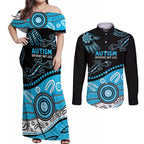 Different Not Less Autism Awareness Australia Personalised Couples Matching Off Shoulder Maxi Dress and Long Sleeve Button Shirt Aussie Aboriginal Lizards
