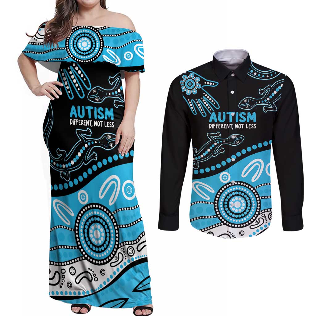 Different Not Less Autism Awareness Australia Personalised Couples Matching Off Shoulder Maxi Dress and Long Sleeve Button Shirt Aussie Aboriginal Lizards