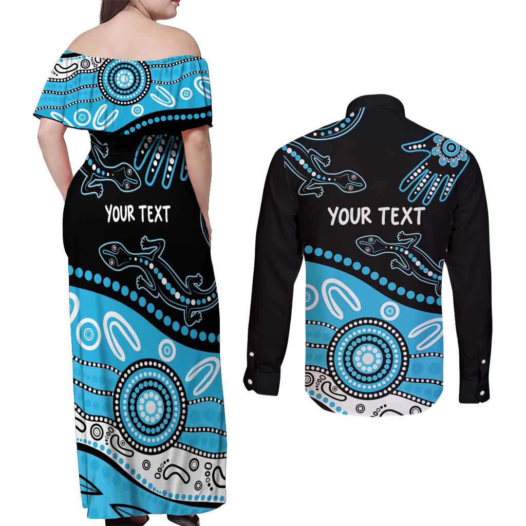 Different Not Less Autism Awareness Australia Personalised Couples Matching Off Shoulder Maxi Dress and Long Sleeve Button Shirt Aussie Aboriginal Lizards