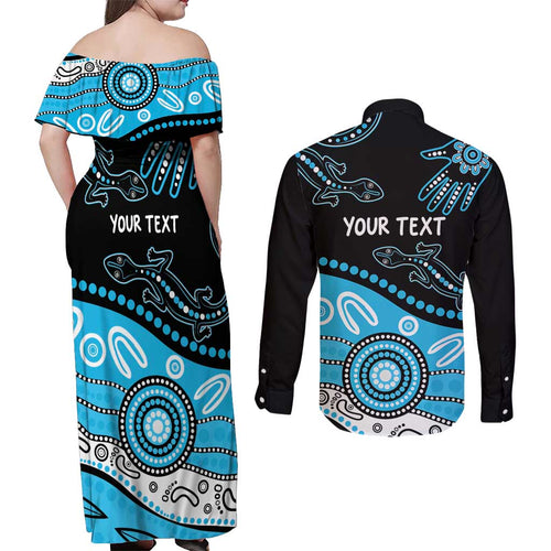 Different Not Less Autism Awareness Australia Personalised Couples Matching Off Shoulder Maxi Dress and Long Sleeve Button Shirt Aussie Aboriginal Lizards