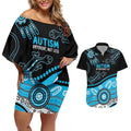 Different Not Less Autism Awareness Australia Personalised Couples Matching Off Shoulder Short Dress and Hawaiian Shirt Aussie Aboriginal Lizards
