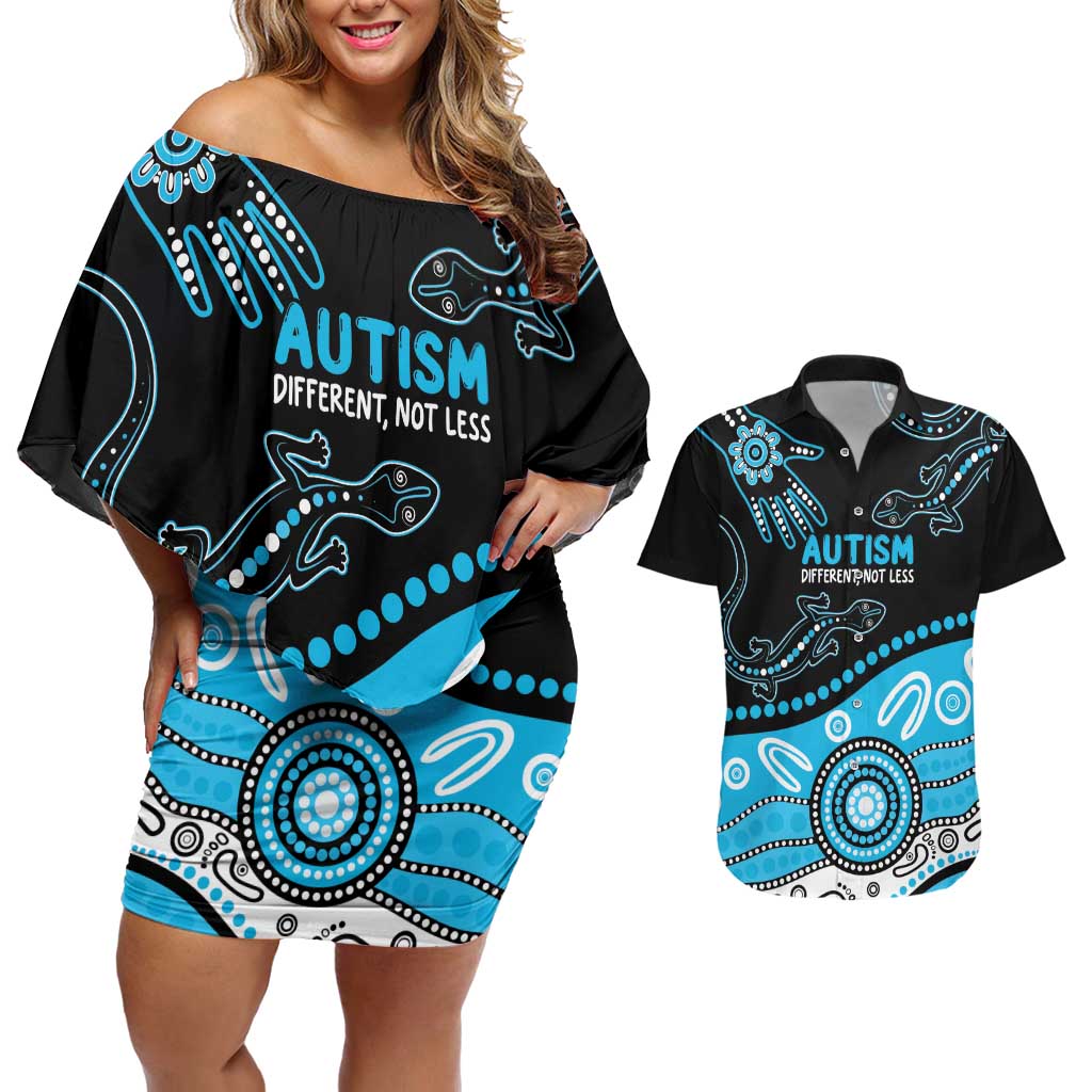 Different Not Less Autism Awareness Australia Personalised Couples Matching Off Shoulder Short Dress and Hawaiian Shirt Aussie Aboriginal Lizards