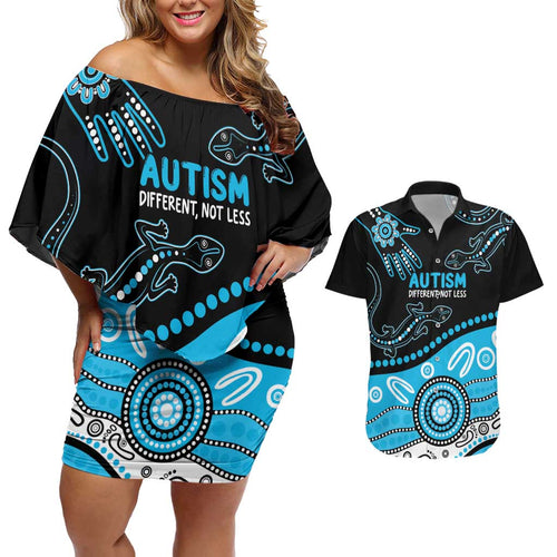 Different Not Less Autism Awareness Australia Personalised Couples Matching Off Shoulder Short Dress and Hawaiian Shirt Aussie Aboriginal Lizards