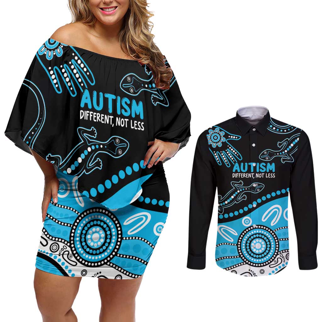 Different Not Less Autism Awareness Australia Personalised Couples Matching Off Shoulder Short Dress and Long Sleeve Button Shirt Aussie Aboriginal Lizards