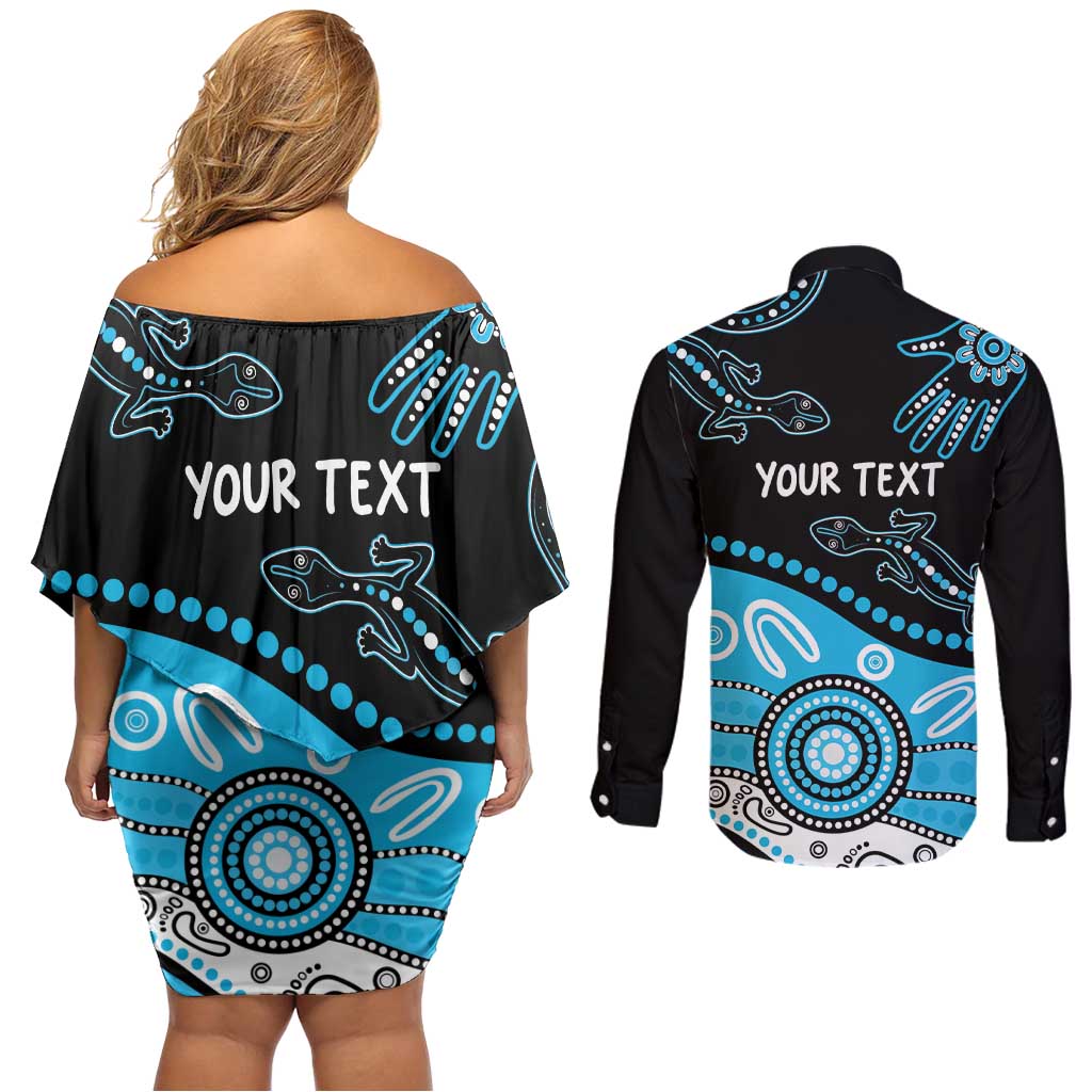 Different Not Less Autism Awareness Australia Personalised Couples Matching Off Shoulder Short Dress and Long Sleeve Button Shirt Aussie Aboriginal Lizards