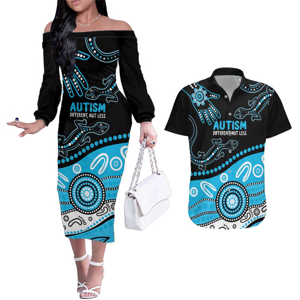 Different Not Less Autism Awareness Australia Personalised Couples Matching Off The Shoulder Long Sleeve Dress and Hawaiian Shirt Aussie Aboriginal Lizards