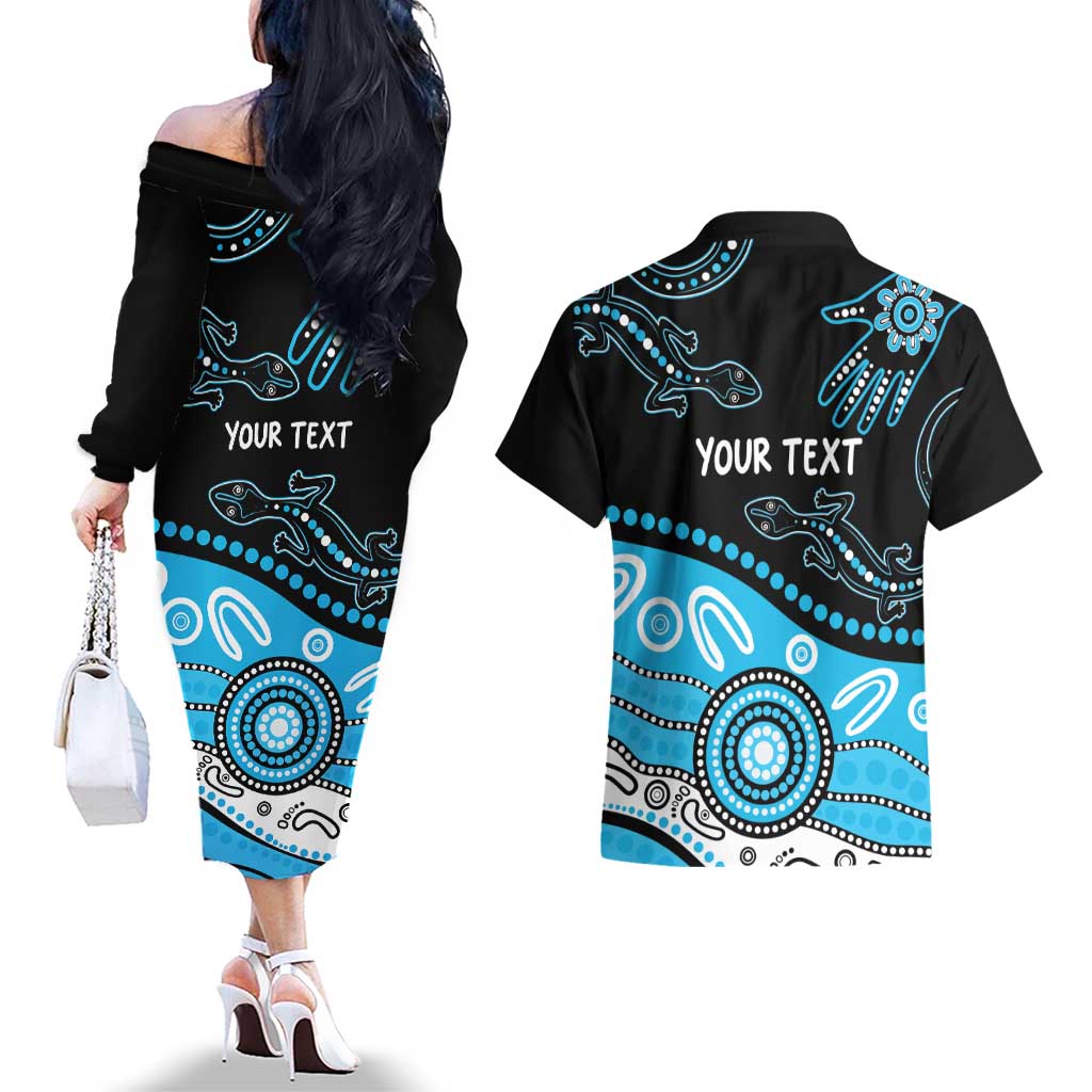 Different Not Less Autism Awareness Australia Personalised Couples Matching Off The Shoulder Long Sleeve Dress and Hawaiian Shirt Aussie Aboriginal Lizards