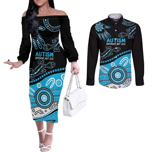 Different Not Less Autism Awareness Australia Personalised Couples Matching Off The Shoulder Long Sleeve Dress and Long Sleeve Button Shirt Aussie Aboriginal Lizards