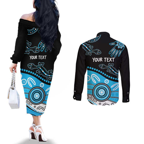 Different Not Less Autism Awareness Australia Personalised Couples Matching Off The Shoulder Long Sleeve Dress and Long Sleeve Button Shirt Aussie Aboriginal Lizards