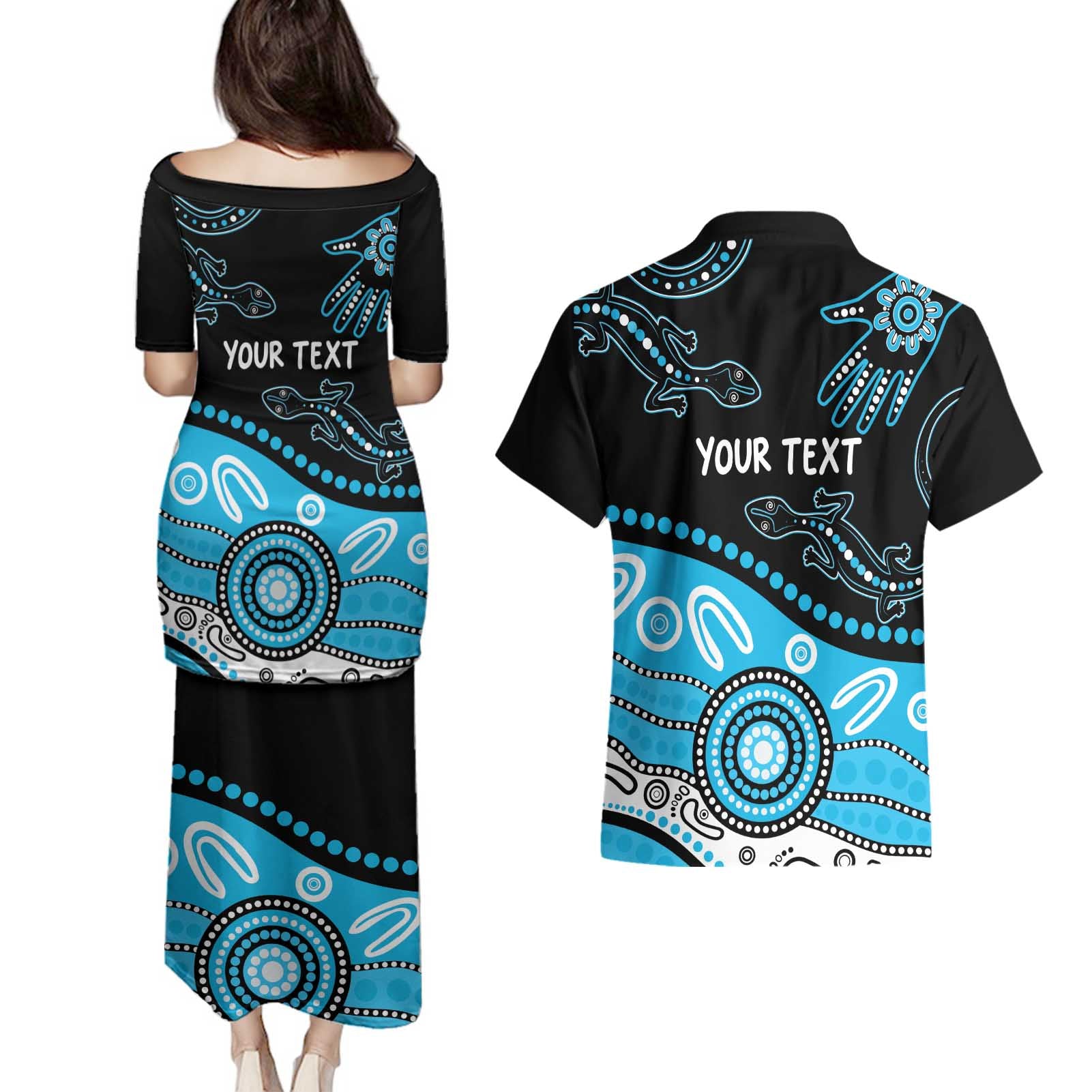 Different Not Less Autism Awareness Australia Personalised Couples Matching Puletasi and Hawaiian Shirt Aussie Aboriginal Lizards
