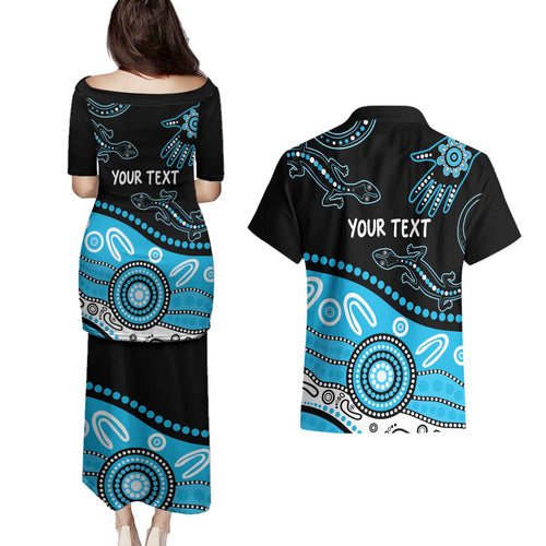 Different Not Less Autism Awareness Australia Personalised Couples Matching Puletasi and Hawaiian Shirt Aussie Aboriginal Lizards