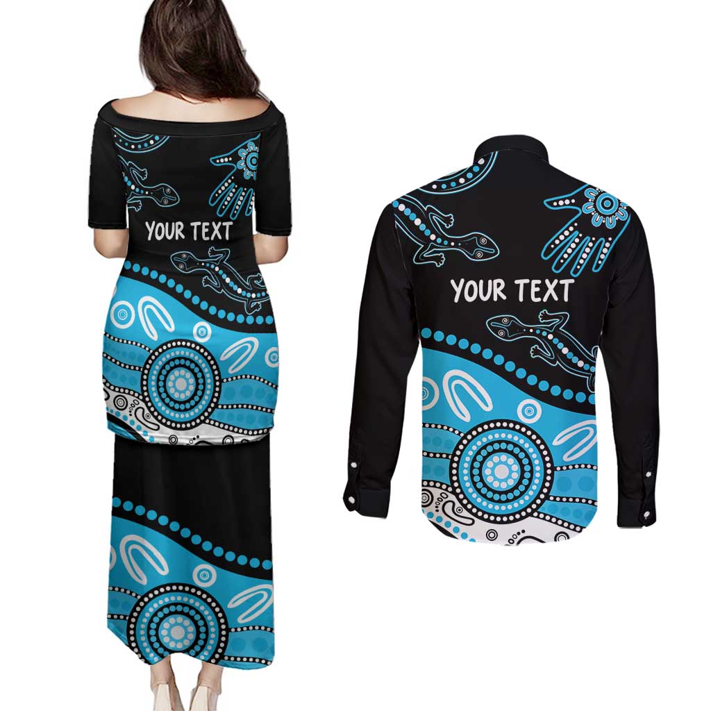 Different Not Less Autism Awareness Australia Personalised Couples Matching Puletasi and Long Sleeve Button Shirt Aussie Aboriginal Lizards