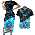 Different Not Less Autism Awareness Australia Personalised Couples Matching Short Sleeve Bodycon Dress and Hawaiian Shirt Aussie Aboriginal Lizards