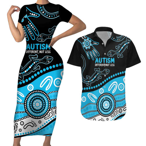 Different Not Less Autism Awareness Australia Personalised Couples Matching Short Sleeve Bodycon Dress and Hawaiian Shirt Aussie Aboriginal Lizards