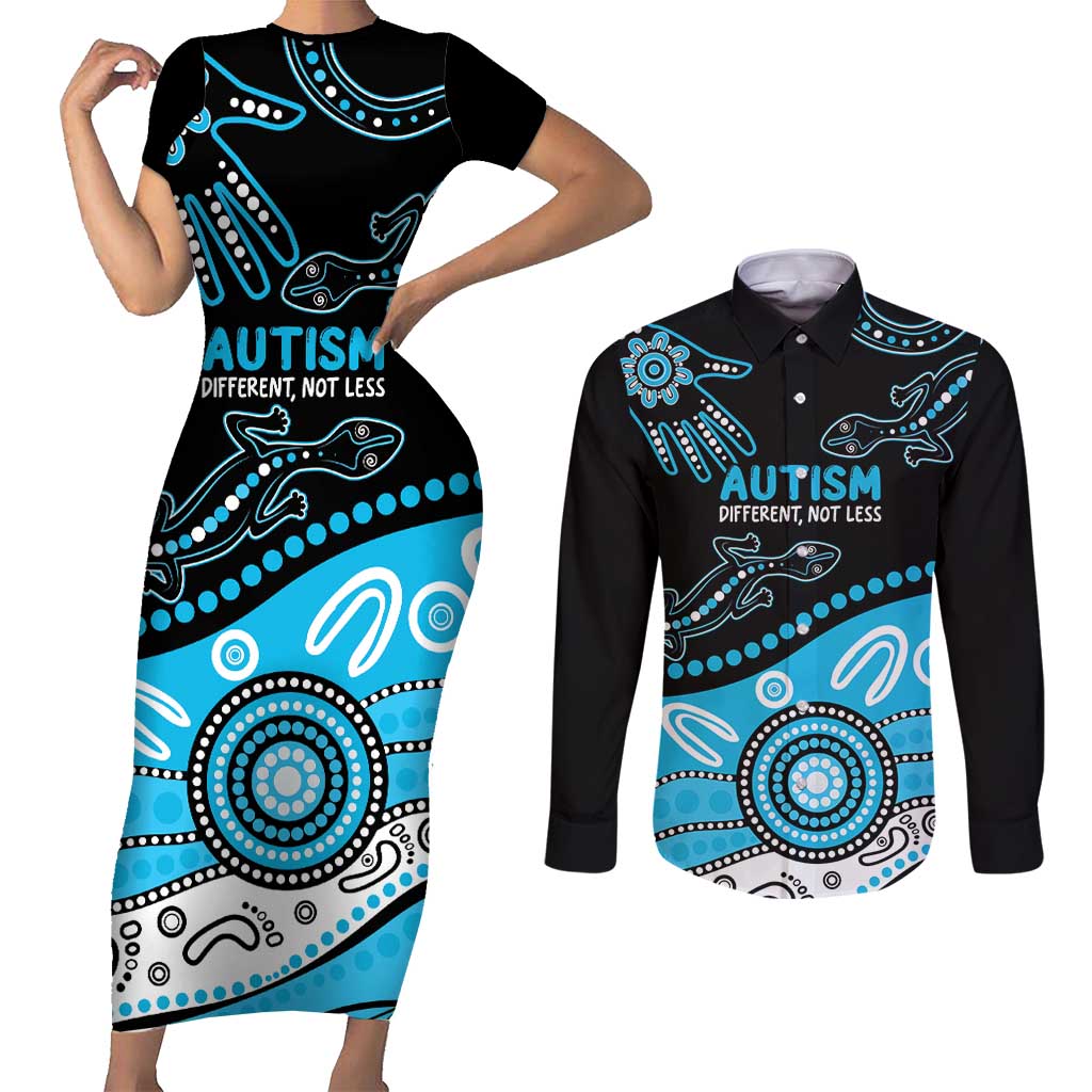 Different Not Less Autism Awareness Australia Personalised Couples Matching Short Sleeve Bodycon Dress and Long Sleeve Button Shirt Aussie Aboriginal Lizards