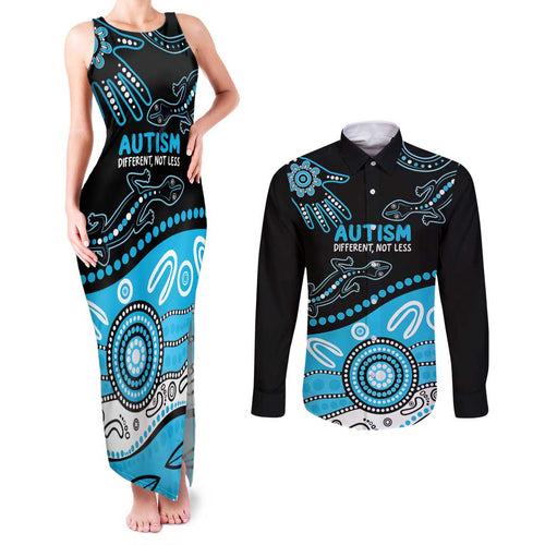Different Not Less Autism Awareness Australia Personalised Couples Matching Tank Maxi Dress and Long Sleeve Button Shirt Aussie Aboriginal Lizards