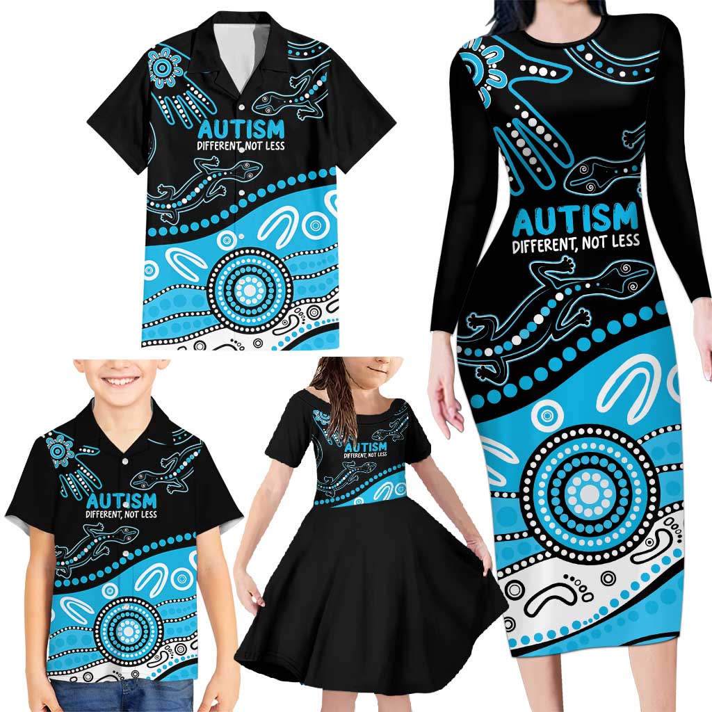 Different Not Less Autism Awareness Australia Personalised Family Matching Long Sleeve Bodycon Dress and Hawaiian Shirt Aussie Aboriginal Lizards