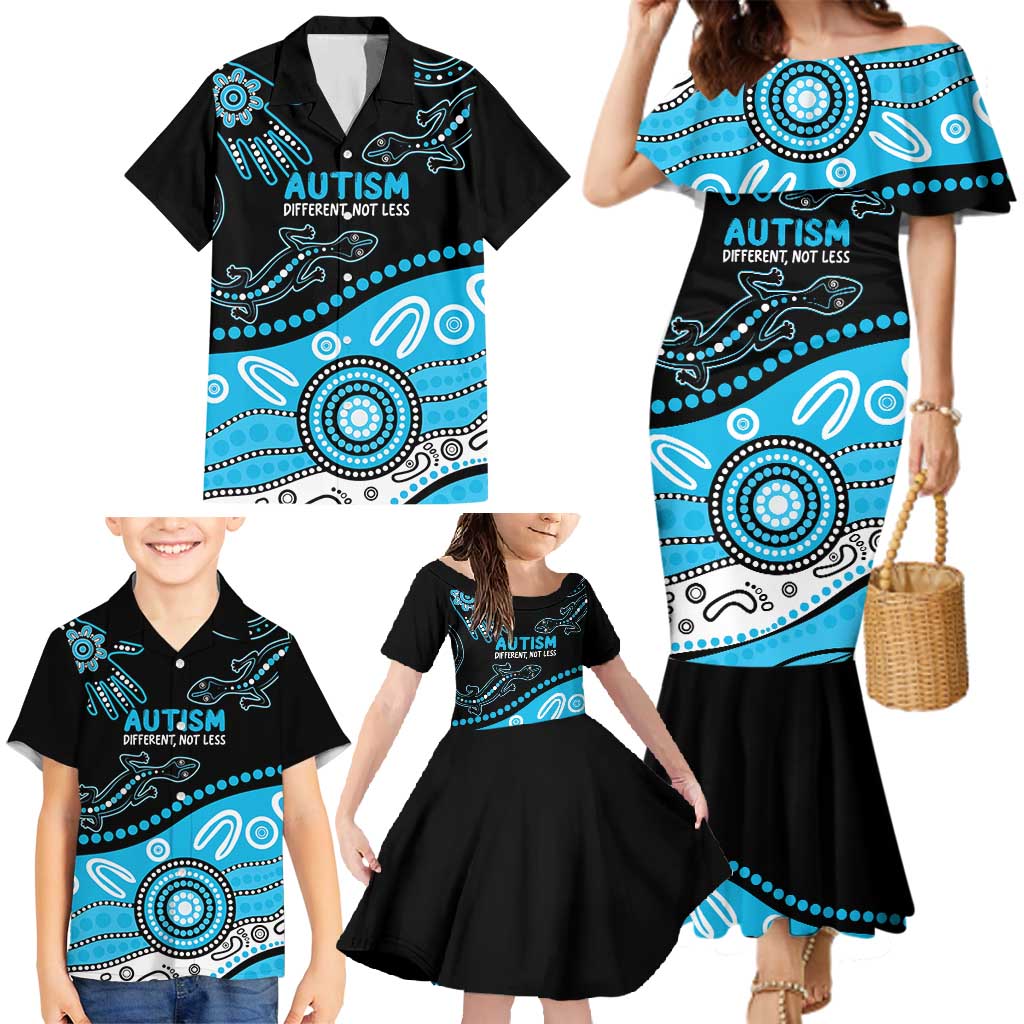 Different Not Less Autism Awareness Australia Personalised Family Matching Mermaid Dress and Hawaiian Shirt Aussie Aboriginal Lizards