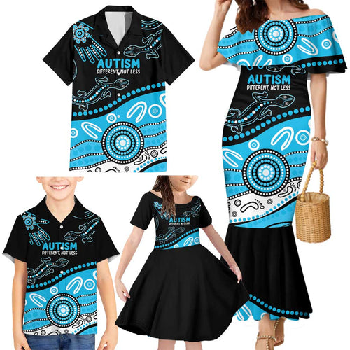 Different Not Less Autism Awareness Australia Personalised Family Matching Mermaid Dress and Hawaiian Shirt Aussie Aboriginal Lizards