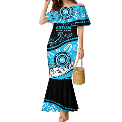 Different Not Less Autism Awareness Australia Personalised Family Matching Mermaid Dress and Hawaiian Shirt Aussie Aboriginal Lizards
