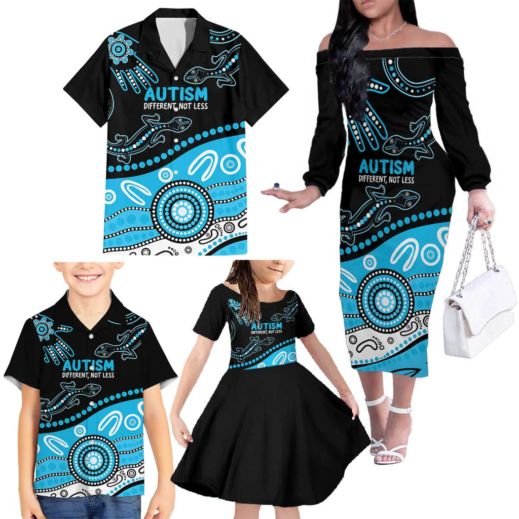 Different Not Less Autism Awareness Australia Personalised Family Matching Off The Shoulder Long Sleeve Dress and Hawaiian Shirt Aussie Aboriginal Lizards