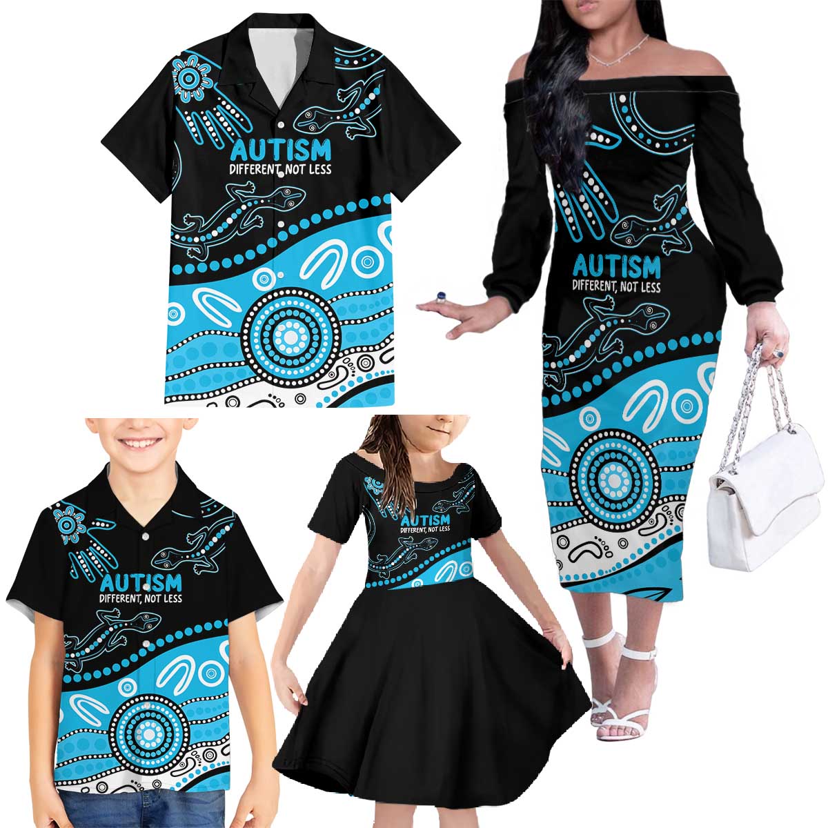 Different Not Less Autism Awareness Australia Personalised Family Matching Off The Shoulder Long Sleeve Dress and Hawaiian Shirt Aussie Aboriginal Lizards