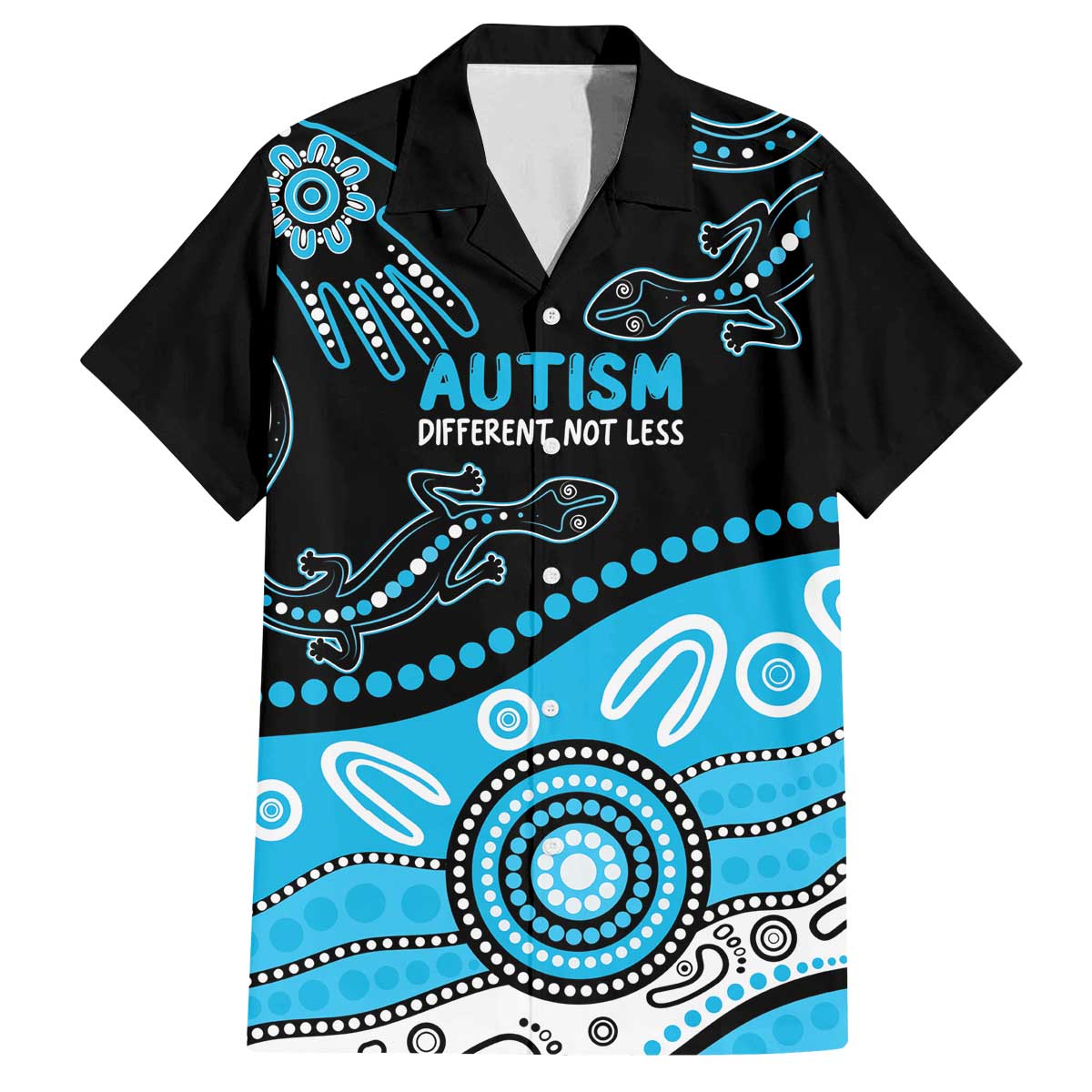 Different Not Less Autism Awareness Australia Personalised Family Matching Off The Shoulder Long Sleeve Dress and Hawaiian Shirt Aussie Aboriginal Lizards