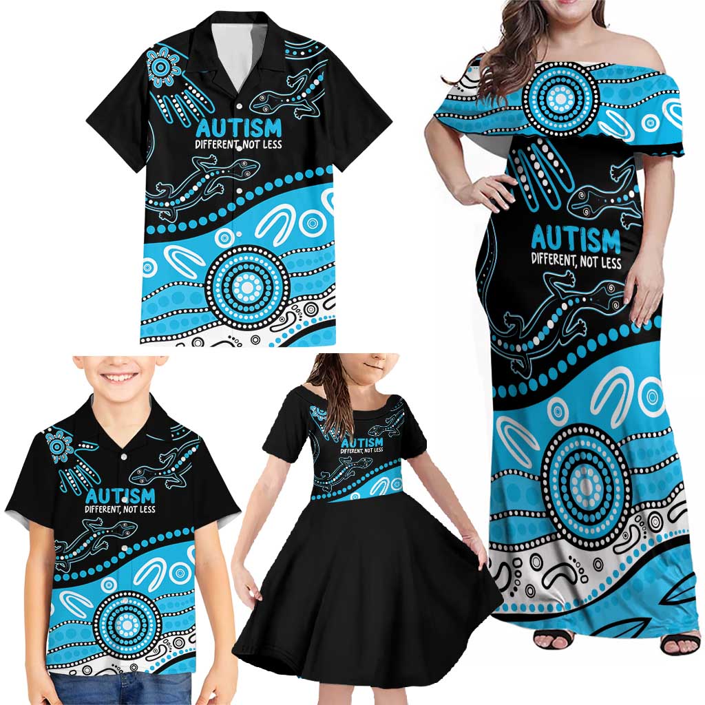 Different Not Less Autism Awareness Australia Personalised Family Matching Off Shoulder Maxi Dress and Hawaiian Shirt Aussie Aboriginal Lizards