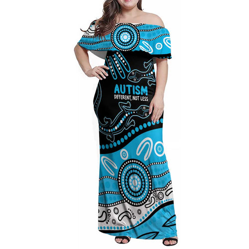 Different Not Less Autism Awareness Australia Personalised Family Matching Off Shoulder Maxi Dress and Hawaiian Shirt Aussie Aboriginal Lizards
