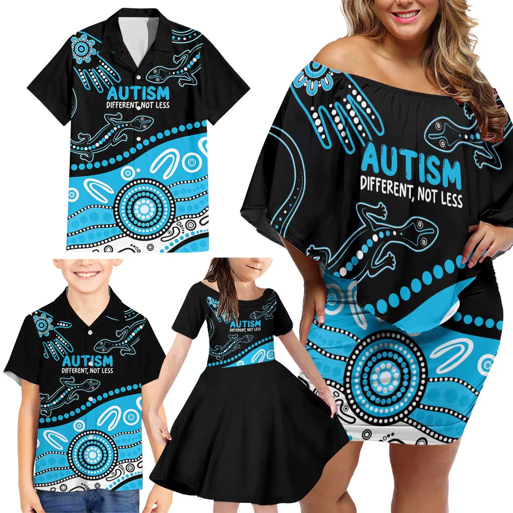 Different Not Less Autism Awareness Australia Personalised Family Matching Off Shoulder Short Dress and Hawaiian Shirt Aussie Aboriginal Lizards