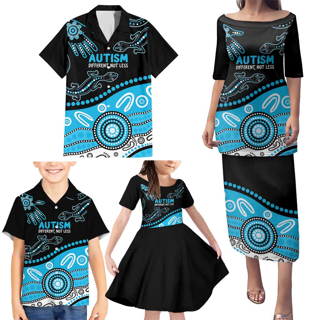Different Not Less Autism Awareness Australia Personalised Family Matching Puletasi and Hawaiian Shirt Aussie Aboriginal Lizards