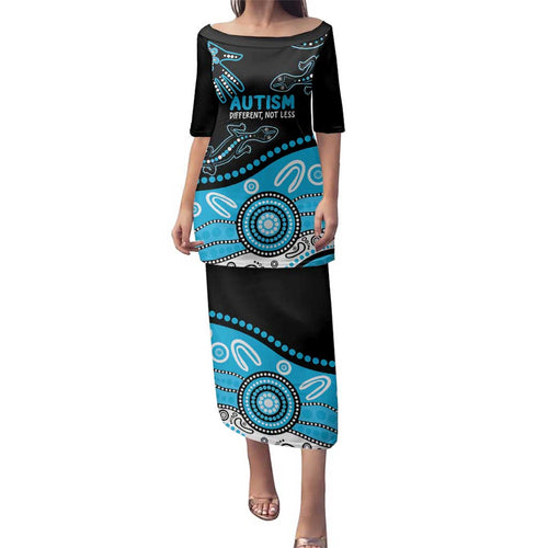 Different Not Less Autism Awareness Australia Personalised Family Matching Puletasi and Hawaiian Shirt Aussie Aboriginal Lizards