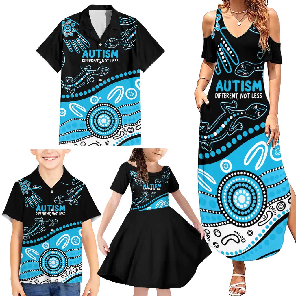 Different Not Less Autism Awareness Australia Personalised Family Matching Summer Maxi Dress and Hawaiian Shirt Aussie Aboriginal Lizards