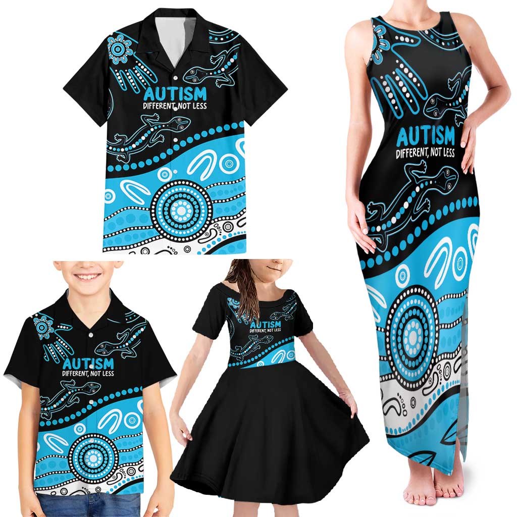 Different Not Less Autism Awareness Australia Personalised Family Matching Tank Maxi Dress and Hawaiian Shirt Aussie Aboriginal Lizards
