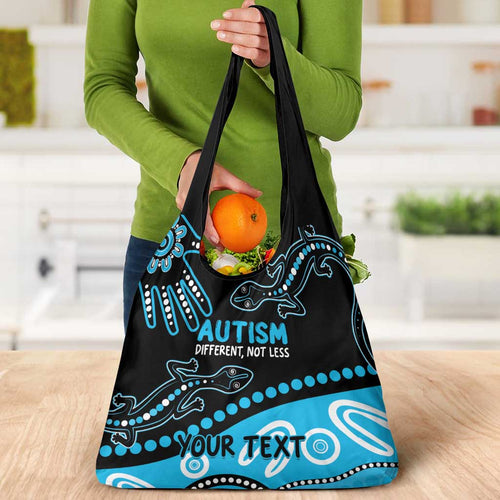Different Not Less Autism Awareness Australia Personalised Grocery Bag Aussie Aboriginal Lizards