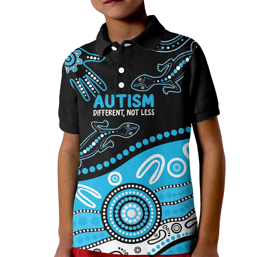 Different Not Less Autism Awareness Australia Personalised Kid Polo Shirt Aussie Aboriginal Lizards