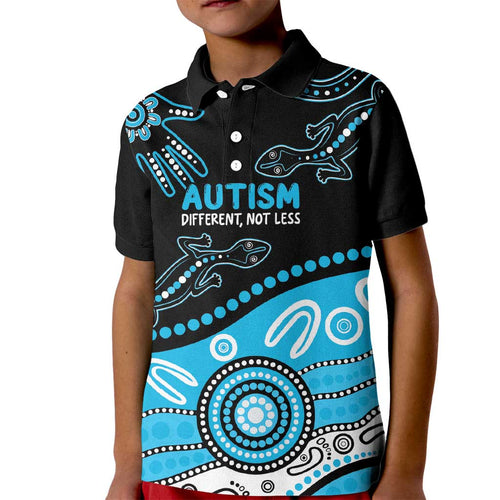 Different Not Less Autism Awareness Australia Personalised Kid Polo Shirt Aussie Aboriginal Lizards