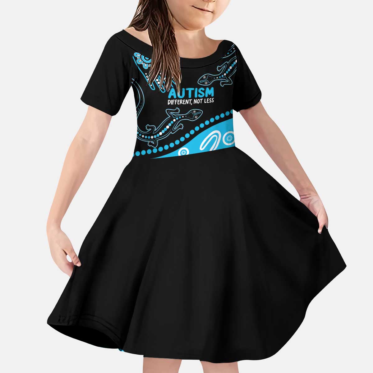 Different Not Less Autism Awareness Australia Personalised Kid Short Sleeve Dress Aussie Aboriginal Lizards