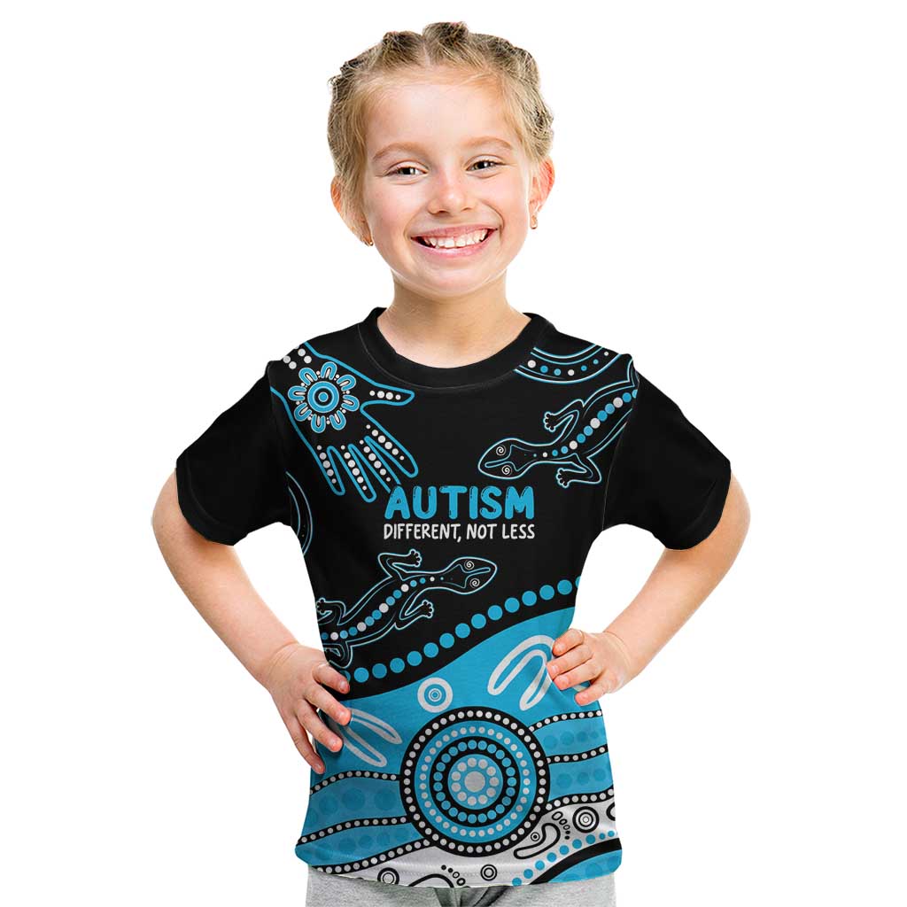 Different Not Less Autism Awareness Australia Personalised Kid T Shirt Aussie Aboriginal Lizards