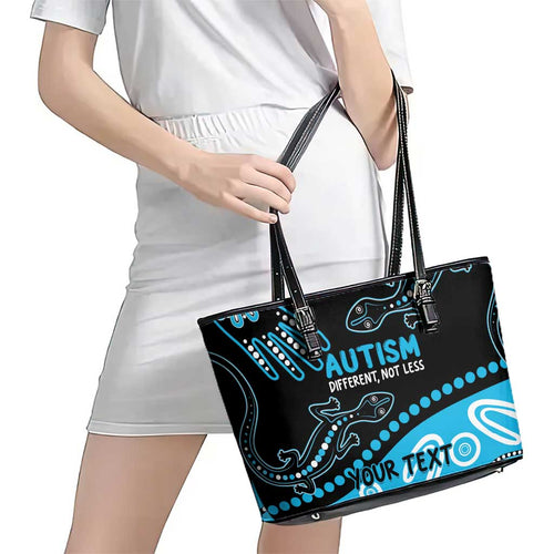 Different Not Less Autism Awareness Australia Personalised Leather Tote Bag Aussie Aboriginal Lizards